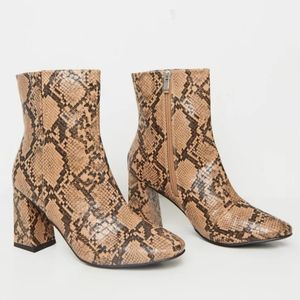 Brown Snake Round Toe Block Heel Ankle Boot